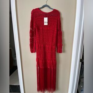 Zara Vibrant Red Knit Long Dress with fringe - New With Tag - LARGE